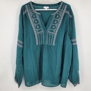 J. Jill Green Embroidered Peasant Blouse Plus Size 3X Boho Split V-Neck Top
